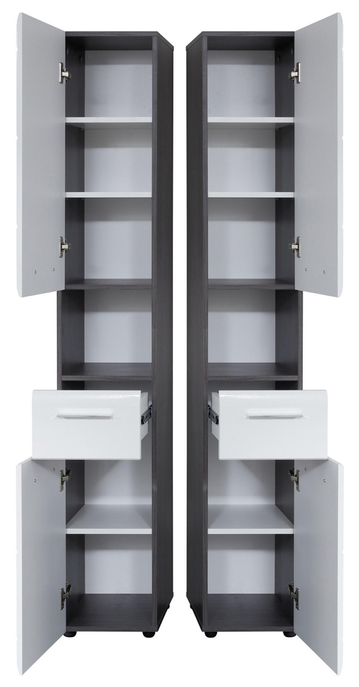 HOCHSCHRANK weiß Hochglanz, grau Rauchsilber 30 cm, Badschrank wechselbarer Türanschlag - Weiß Hochglanz/Silberfarben, Holzwerkstoff/Kunststoff (30/182/31cm) - Top.Furn