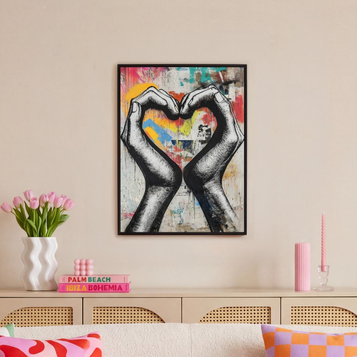 LEINWAND Bilder mit Rahmen - Hände - Herz - Straßenkunst - Graffiti - 50x70 - Multicolor, Textil (50/70cm) - MuchoWow