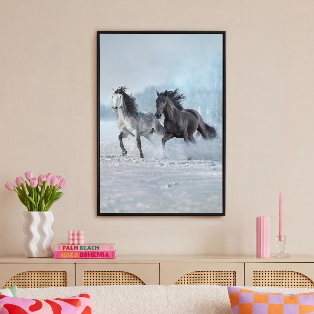 LEINWAND Bilder mit Rahmen - Pferde - Winter - Tiere - Natur - Schnee - 60x90 - Anthrazit, Textil (60/90cm) - MuchoWow