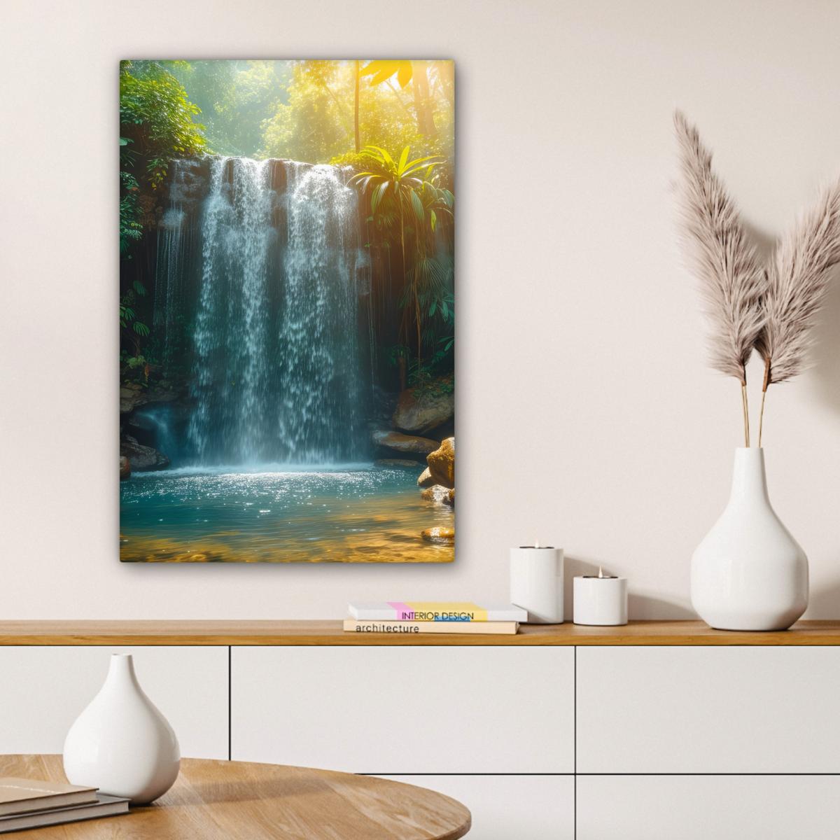 LEINWANDBILD Wasserfall - Dschungel - Sonne - Grün - Natur Wanddeko Schlafzimmer 60x90 cm - Grün, Textil (60/90cm) - MuchoWow