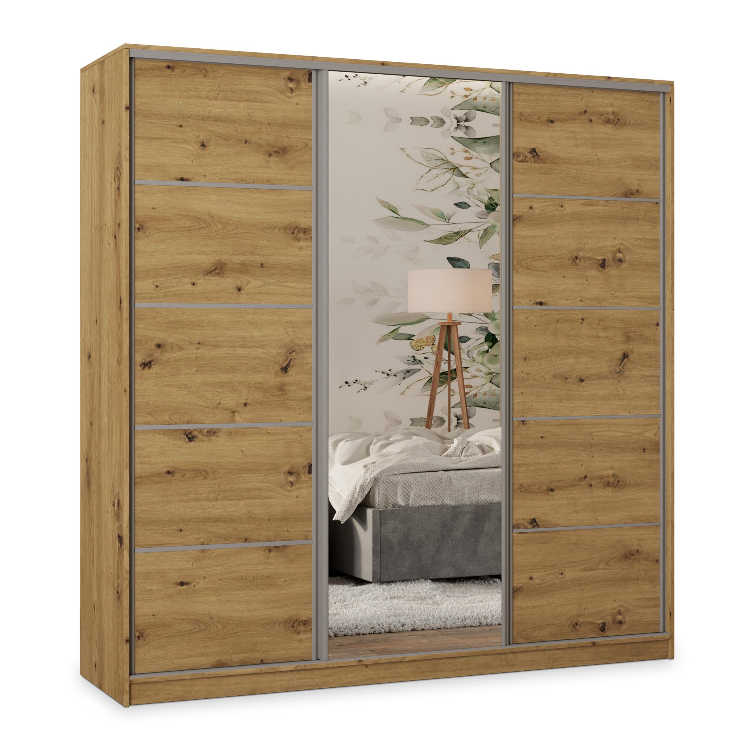 SCHWEBETÜRENSCHRANK PINA 180/205/58 cm 3-türig mit Spiegel und Schubladen Eiche Artisan - Silberfarben/Eiche Artisan, Holzwerkstoff (180/205/58cm) - MASSENO
