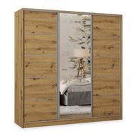 SCHWEBETÜRENSCHRANK PINA 180/205/58 cm 3-türig mit Spiegel und Schubladen Eiche Artisan - Silberfarben/Eiche Artisan, Holzwerkstoff (180/205/58cm) - MASSENO