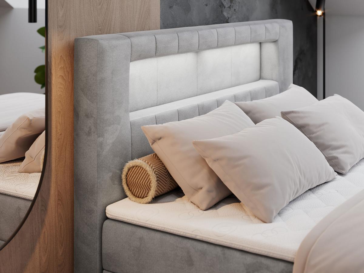 BOXBETT GOLD-5 LED 140/200 Hellgrau Velvet - H3 - Hellgrau, Holz/Textil (140/200cm) - MKS