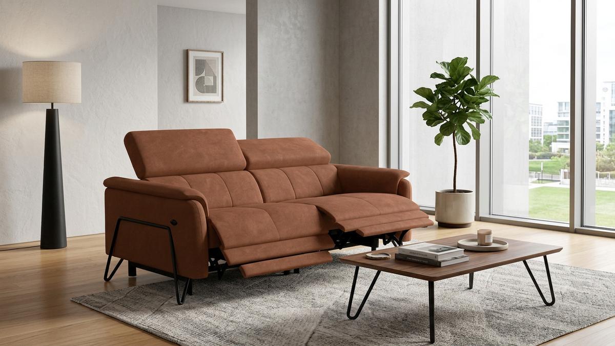 RELAXSOFA RODEN 3-Sitzer mit 2 Relax, braun, Veloursstoff - Braun, Holz/Textil (194/82/103cm) - Wozimo