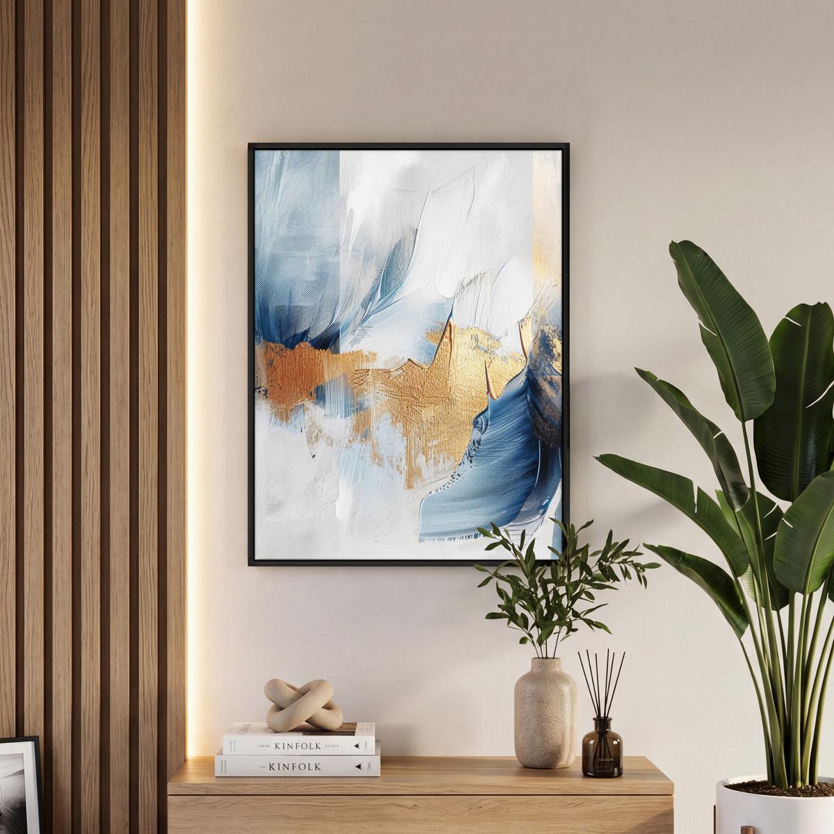LEINWAND Bilder mit Rahmen - Gold - Blau - Aquarell - Kunst - Modern - 50x70 - Hellblau, Textil (50/70cm) - MuchoWow