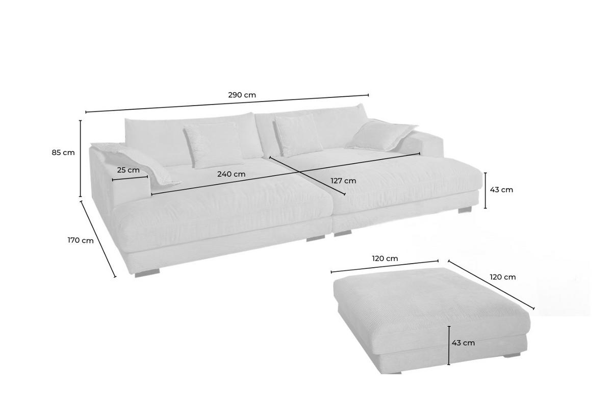 BIG SOFA-SET 6-TLG MADELINE Cremeweiß Cord - Creme/Schwarz, Kunststoff/Textil (290/85/170cm) - KAWOLA