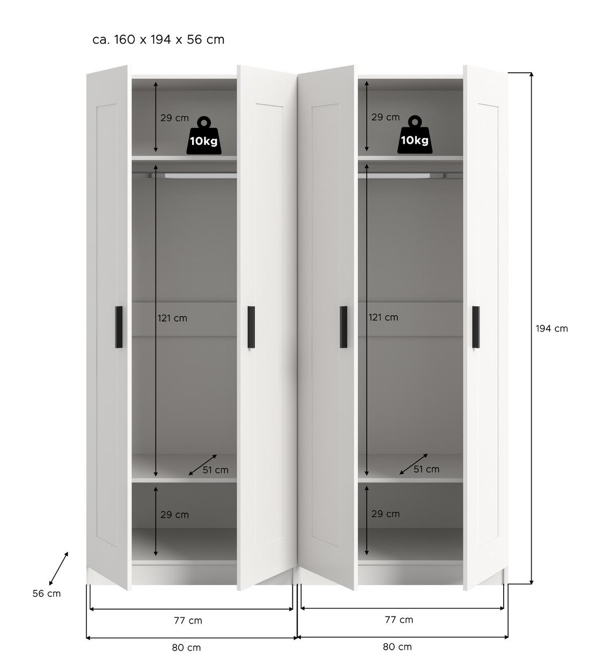 KLEIDERSCHRANK in weiß 160 x 194 cm, Drehtürenschrank 4-türig skandinavisch - Schwarz/Weiß, Holzwerkstoff/Kunststoff (160/194/56cm) - Inn.Furn