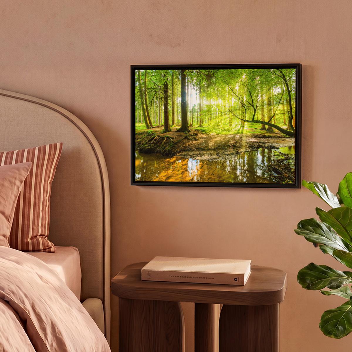 LEINWAND Bilder mit Rahmen - Wald - Landschaft - Wasser - Bäume - Sonne - Grün - Natur - 40x30 - Grün, Textil (40/30cm) - MuchoWow