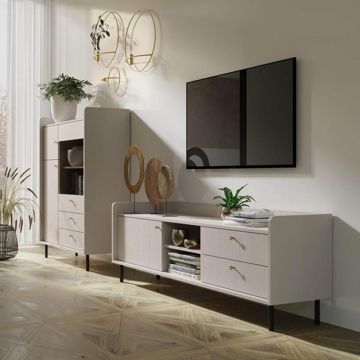 KOMMODE Gloria mit 2 Schubalden und 3 Türen - Beige/Schwarz, Holzwerkstoff/Metall (103/133/42cm) - Beautysofa