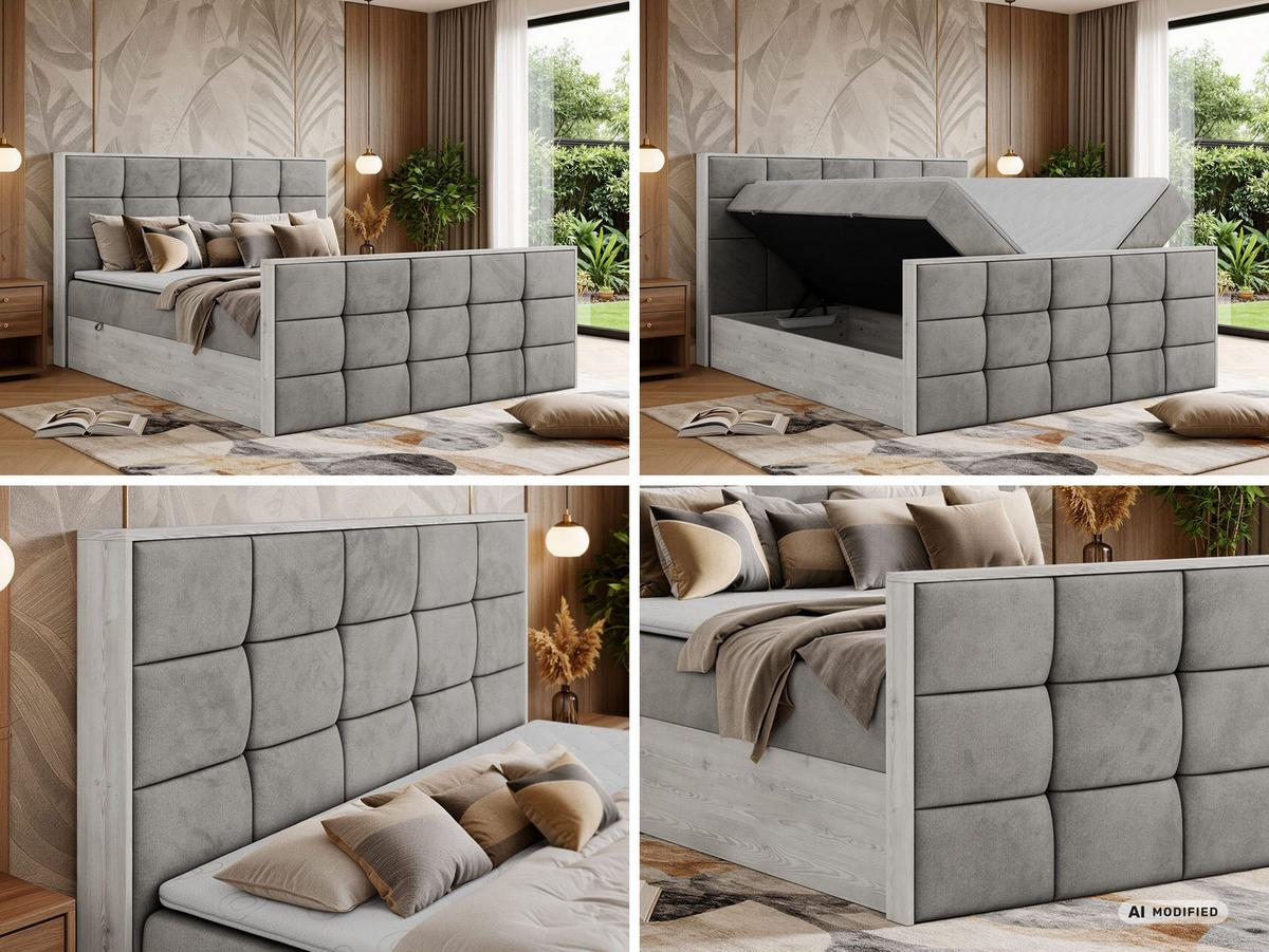 BOXBETT ALNOR DUO 140/200 - Hellgrau Velvet - Topper Visco - H4 - Hellgrau/Schwarz, Kunststoff/Textil (140/200cm) - MKS