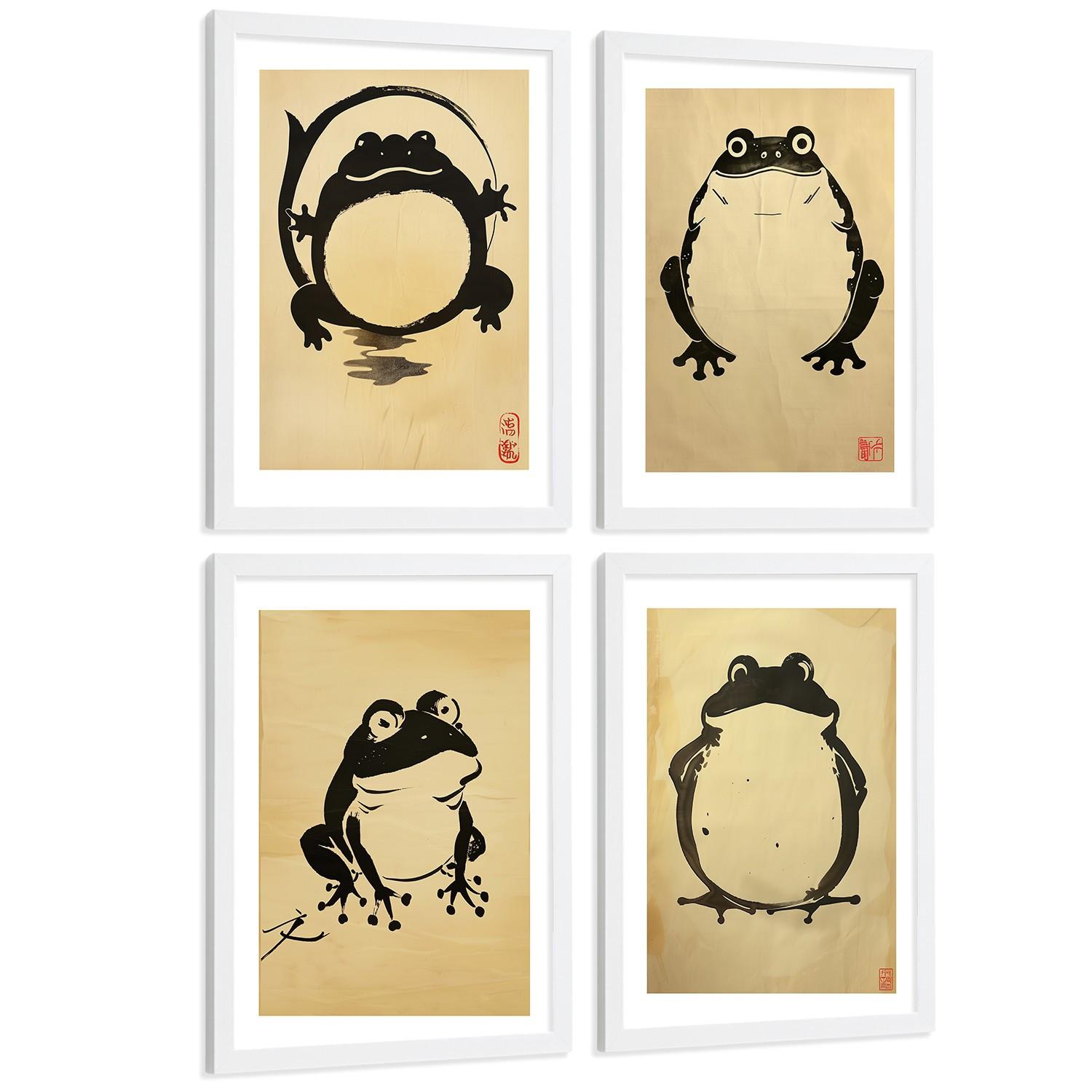 POSTER 4er Bilder-Set Wandbilder Ukiyo-e Vintage modern Wohnzimmer Deko, Schlafzimmer, Küche, Badezimmer Weißer Rahmen A4 - Weiß, Papier (29.7/1/21cm) - Nacnic