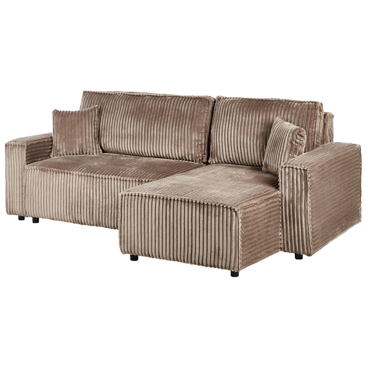 ECKSCHLAFSOFA 3-Sitzer Cord Hellbraun mit Stauraum linksseitig Abacka - Hellbraun, Textil (247/147cm) - Beliani