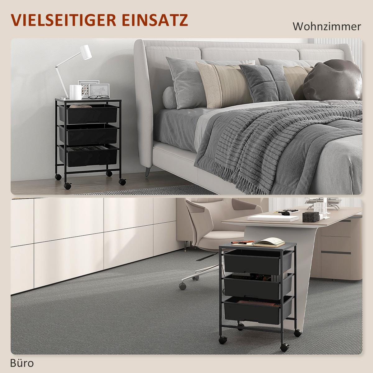ROLLWAGEN, Servierwagen mit 3 Etagen, 40,8 x 33,5 x 60,5 cm, Schwarz - Schwarz, Metall (33.5/60.5/40.8cm) - HOMCOM