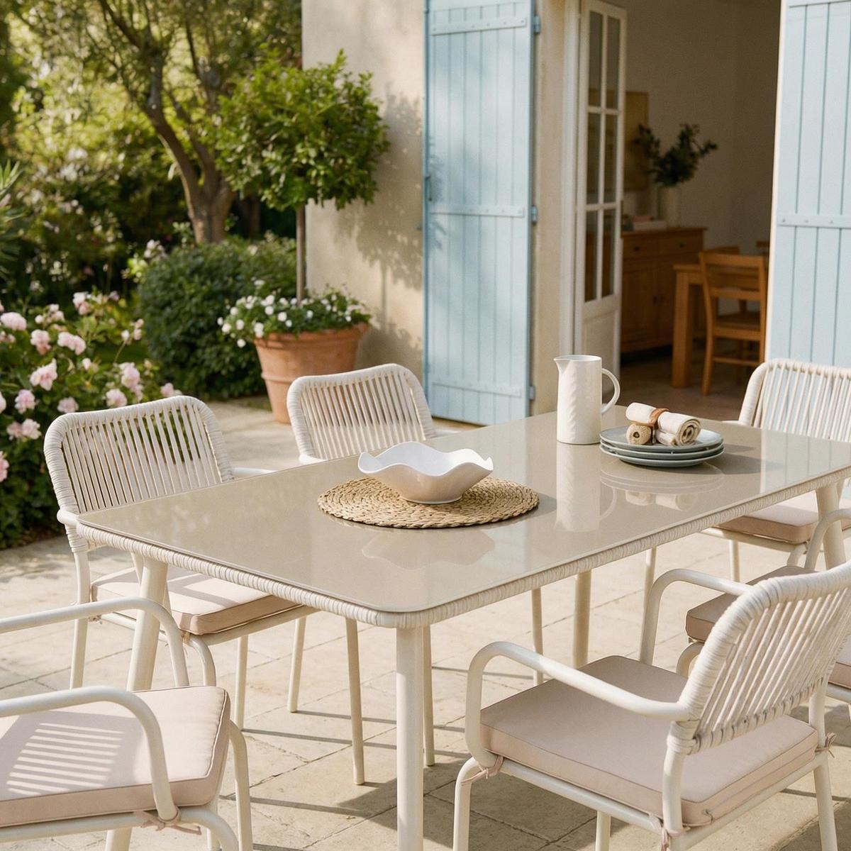 GARTENMÖBEL SET VOLONTE 7er Set beige, cremeweiß - Beige, Glas/Metall - IDIMEX
