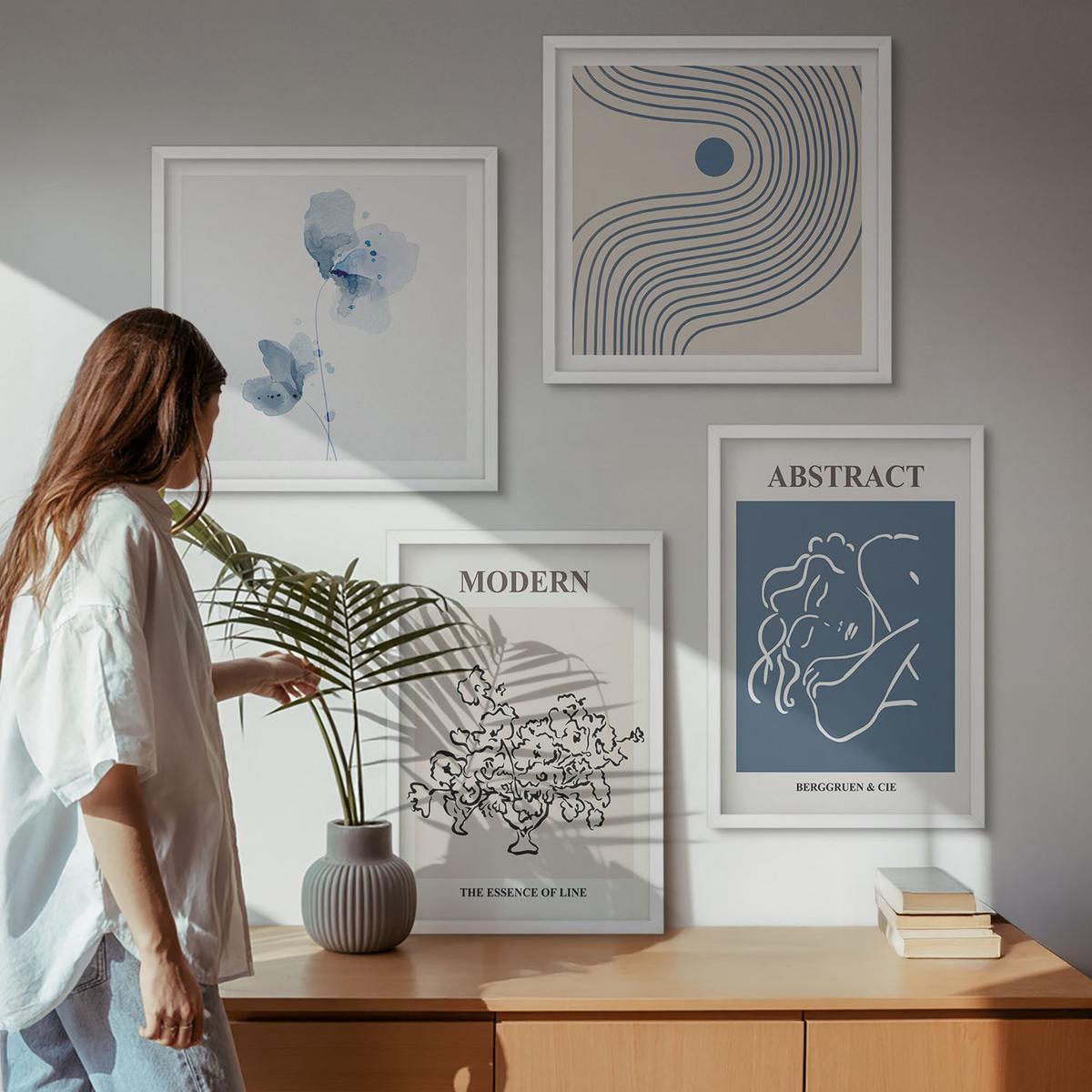 BILDER SET 4er Set - 50x50 cm & 40x60 cm Weißer Rahmen - abstrakte Poster mit Blumenlinien - Weiß, Kunststoff (50/50cm) - TULUP