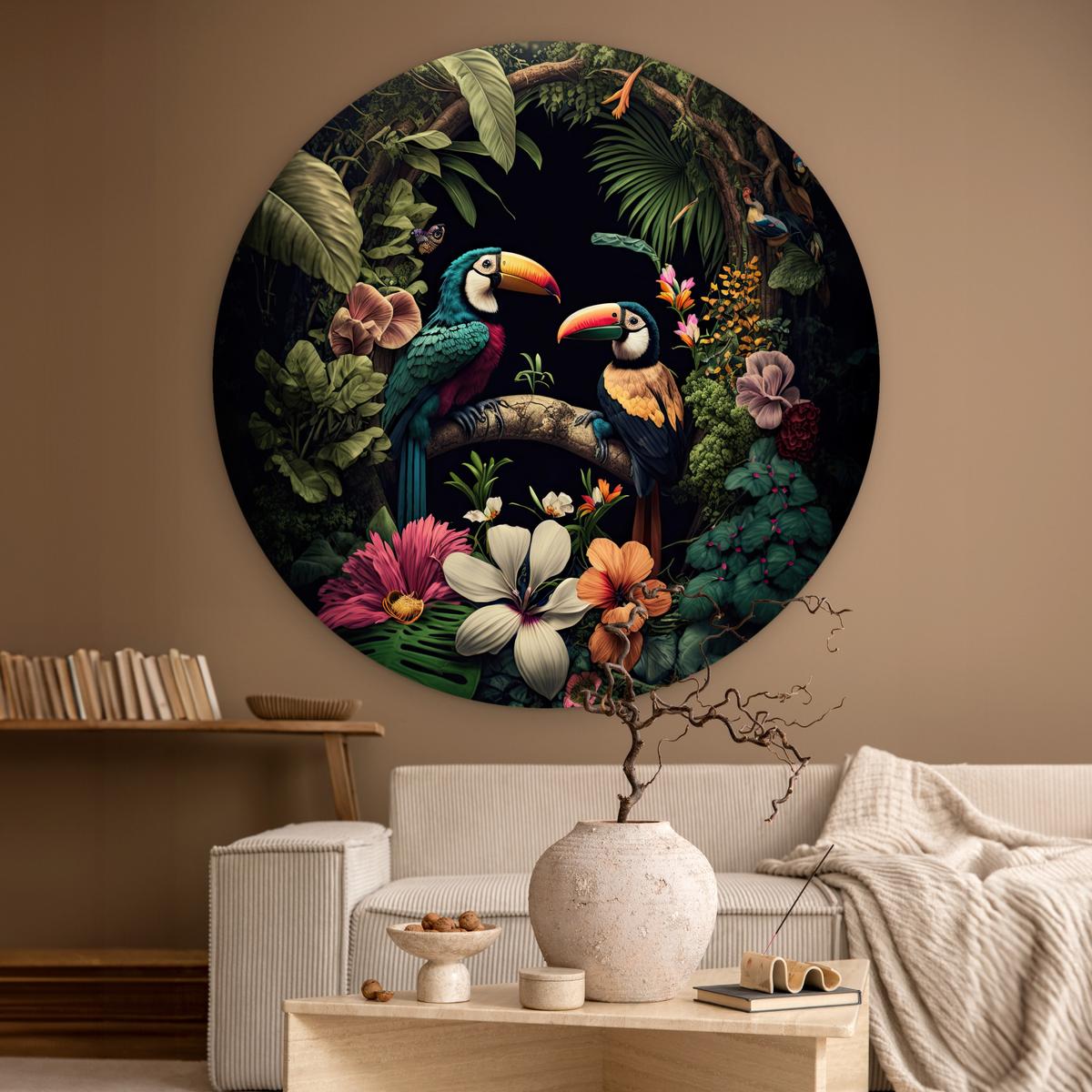 WANDBILD Vogel - Blumen - Pflanzen - Dschungel - Schwarz - Tukan Deko Groß 150x150 cm - Smaragdgrün, Kunststoff (150/150cm) - MuchoWow