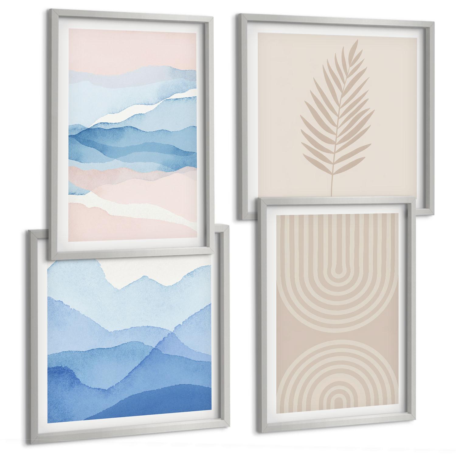 BILDER SET 4er Set - 50x50 cm & 40x60 cm Silberner Rahmen - Blätterwellen beige blau - Silberfarben, Kunststoff (50/50cm) - TULUP