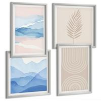 BILDER SET 4er Set - 50x50 cm & 40x60 cm Silberner Rahmen - Blätterwellen beige blau - Silberfarben, Kunststoff (50/50cm) - TULUP