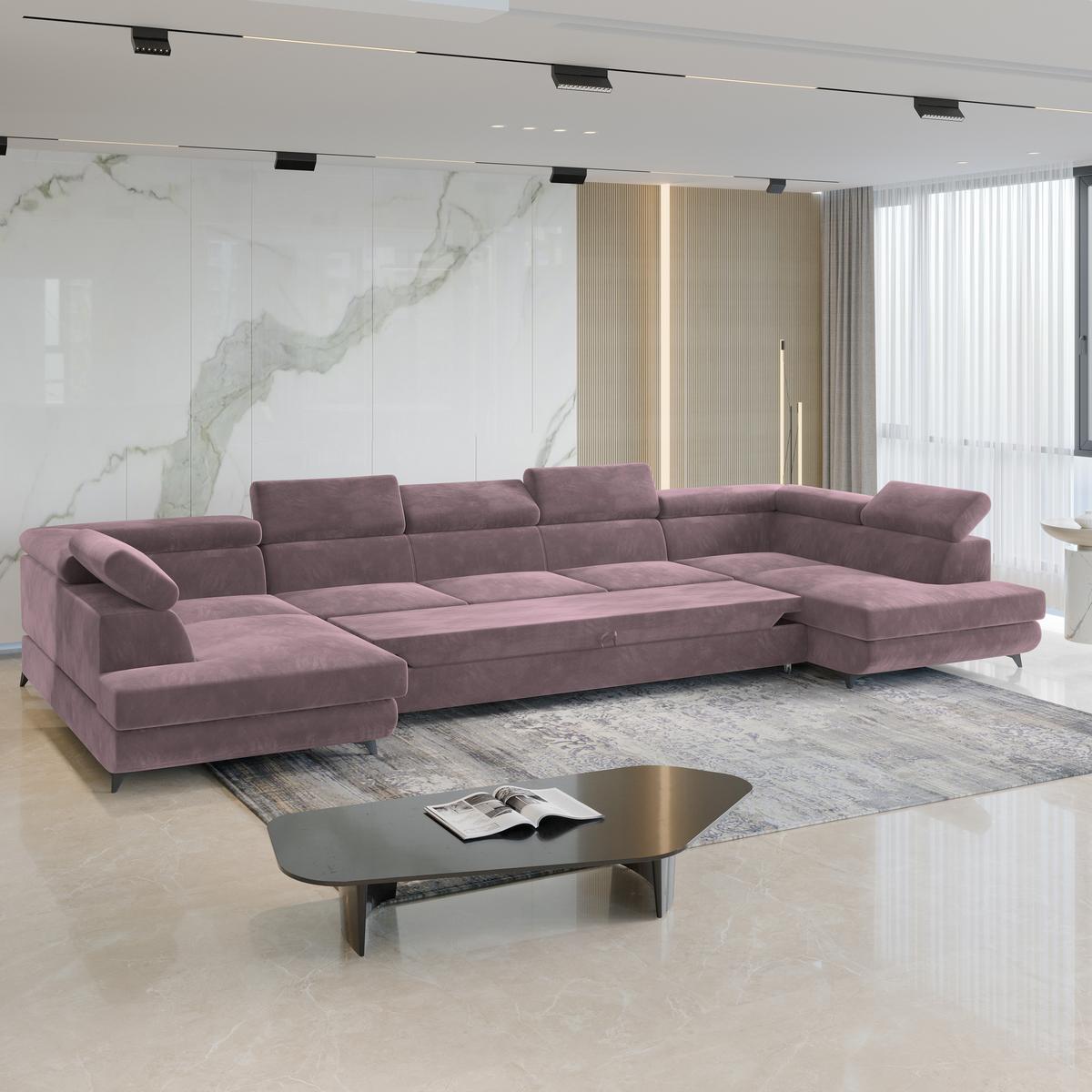 WOHNLANDSCHAFT URMANO Lila Velours-Stoff mit Schlaffunktion - Lila, Holz (395/89/190cm) - MASSENO