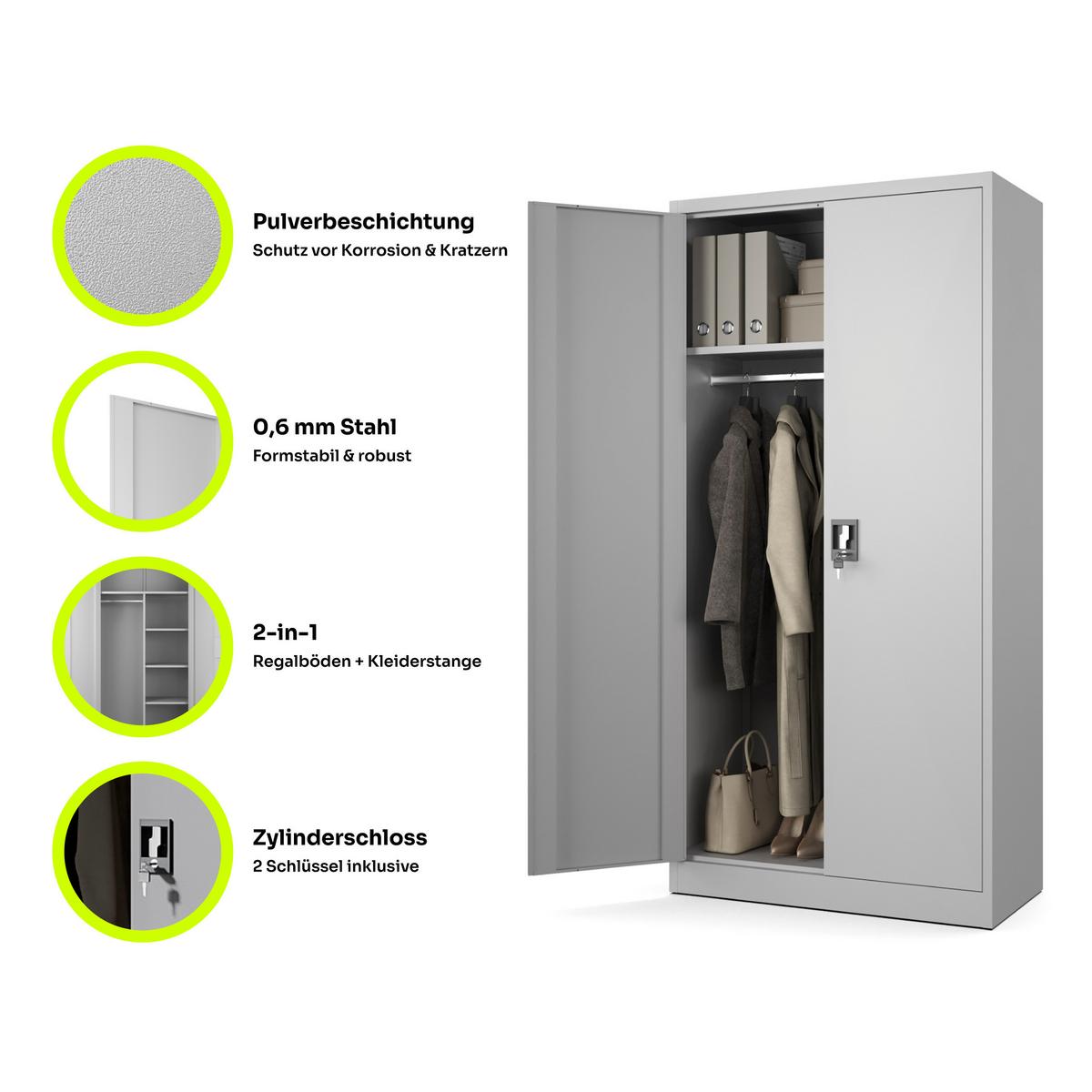 SOZIALRAUMSCHRANK aus Stahl Metallschrank für Büro Stahlschrank für Dokumente Akten Hellgrau 90x45x185cm - Hellgrau, Metall (90/185/45cm) - Muralo