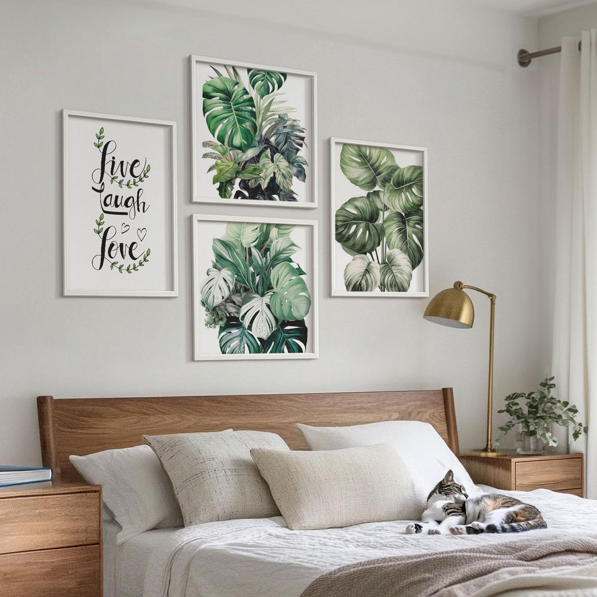 BILDER SET 4er Set - 50x50 cm & 40x60 cm Weißer Rahmen - Blattpflanzen leben, lachen, lieben - Weiß, Kunststoff (50/50cm) - TULUP
