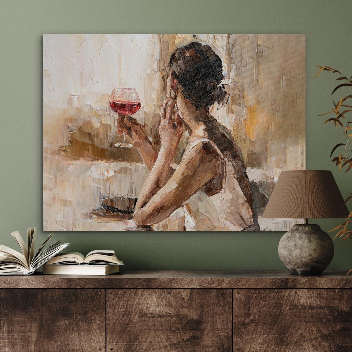 METALLBILD Ölgemälde - Frau - Wein 80x60 cm - Hellbraun, Metall (80/60cm) - MuchoWow
