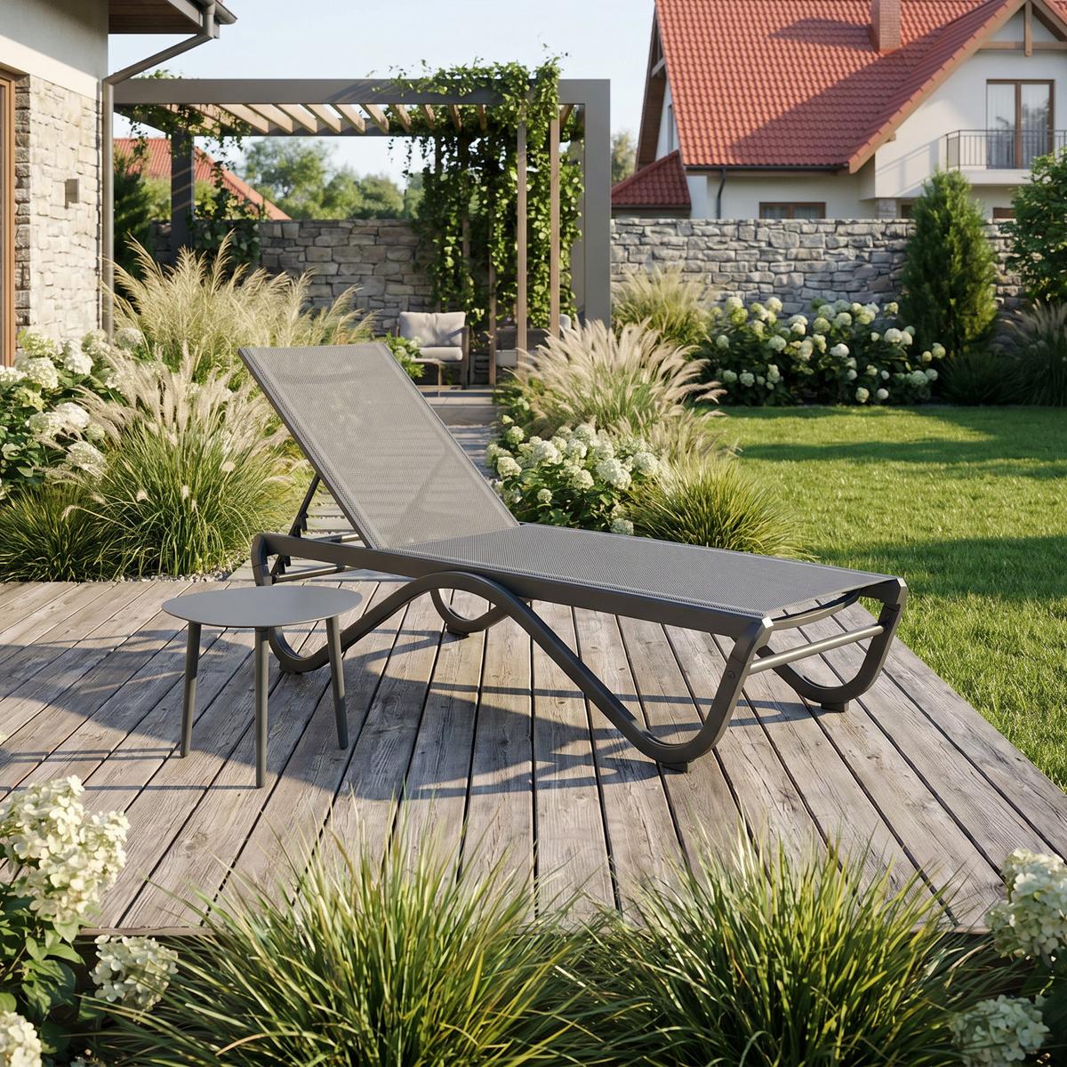 SOMNENLIEGE Marina, 5-stufige Verstellung der Rückenlehne, mit Tisch, Metallrahmen, Grau - Grau, Metall (58/33/133cm) - Beautysofa