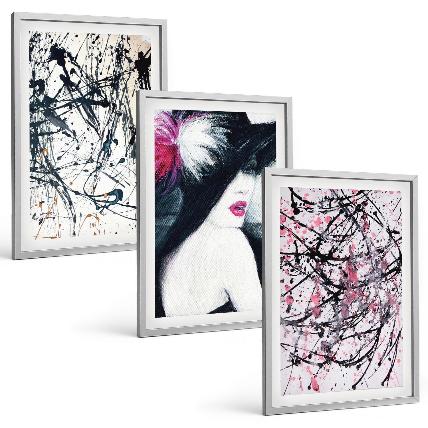BILDER SET 3er Set - 40x60 cm Silberner Rahmen - Abstrakte Farbmuster Hut - Silberfarben, Kunststoff (40/60cm) - TULUP