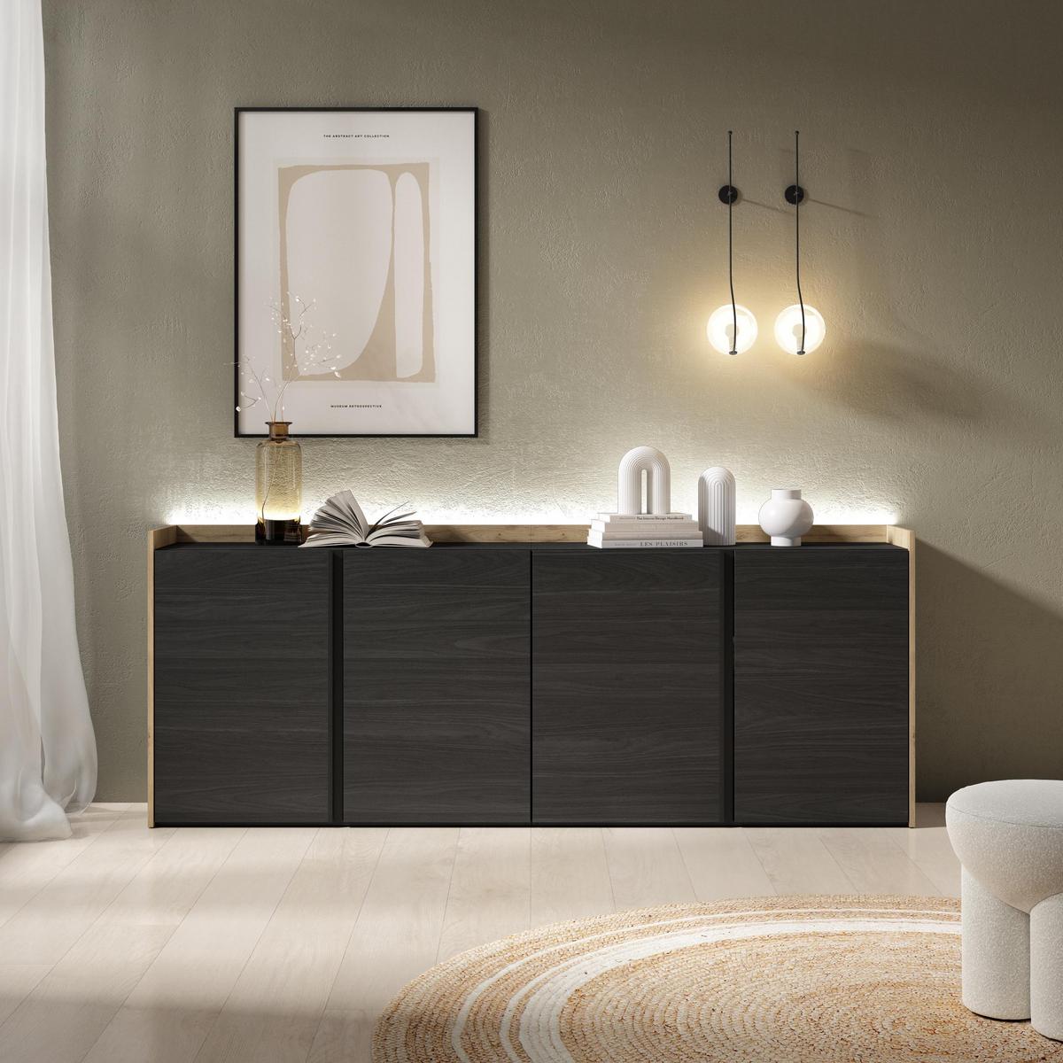 SIDEBOARD, Schwarz und Eiche, 207/35/80cm, mit Led - Schwarz, Holzwerkstoff (207/80/35cm) - Skraut Home