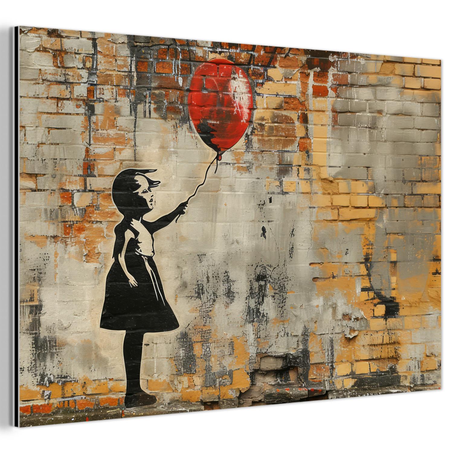 METALLBILD Graffiti - Banksy - Mädchen - Straßenkunst Deko Groß 120x80 cm - Sandfarben, Metall (120/80cm) - MuchoWow