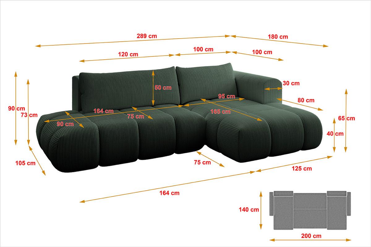 ECKSOFA Ottomane Rechts CLOUD-L 280x185x90 Grün Cord - Grün, Holzwerkstoff/Kunststoff (185/280cm) - ALTDECOR