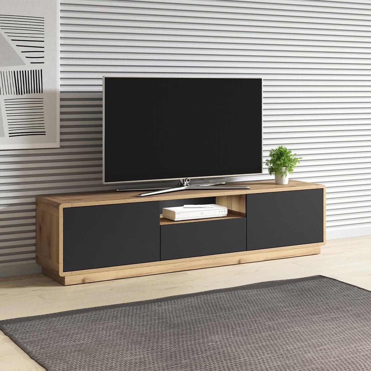 TV-MÖBEL Raven Mattschwarz und Holz - Schwarz, Holzwerkstoff (180/45/40cm) - Petits-meubles