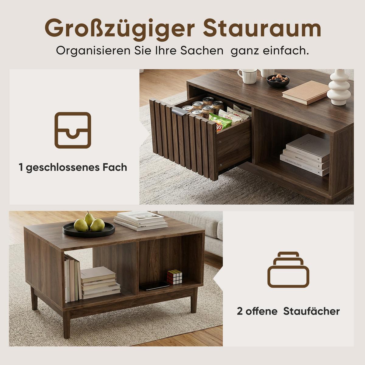 COUCHTISCH holzoptik & gitter-design mit schublade & offenen fächern - Walnussfarben, Holzwerkstoff (50/80/45cm) - Urban Meuble