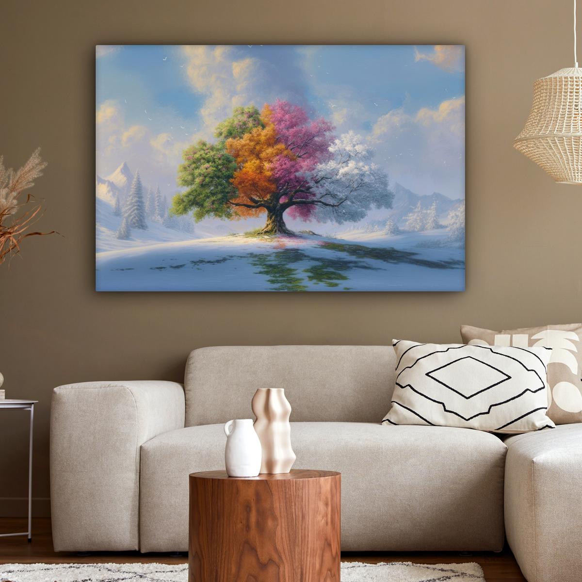 LEINWANDBILD Baum - Jahreszeiten - Winter - Landschaft Groß 140x90 cm - Multicolor, Textil (140/90cm) - MuchoWow