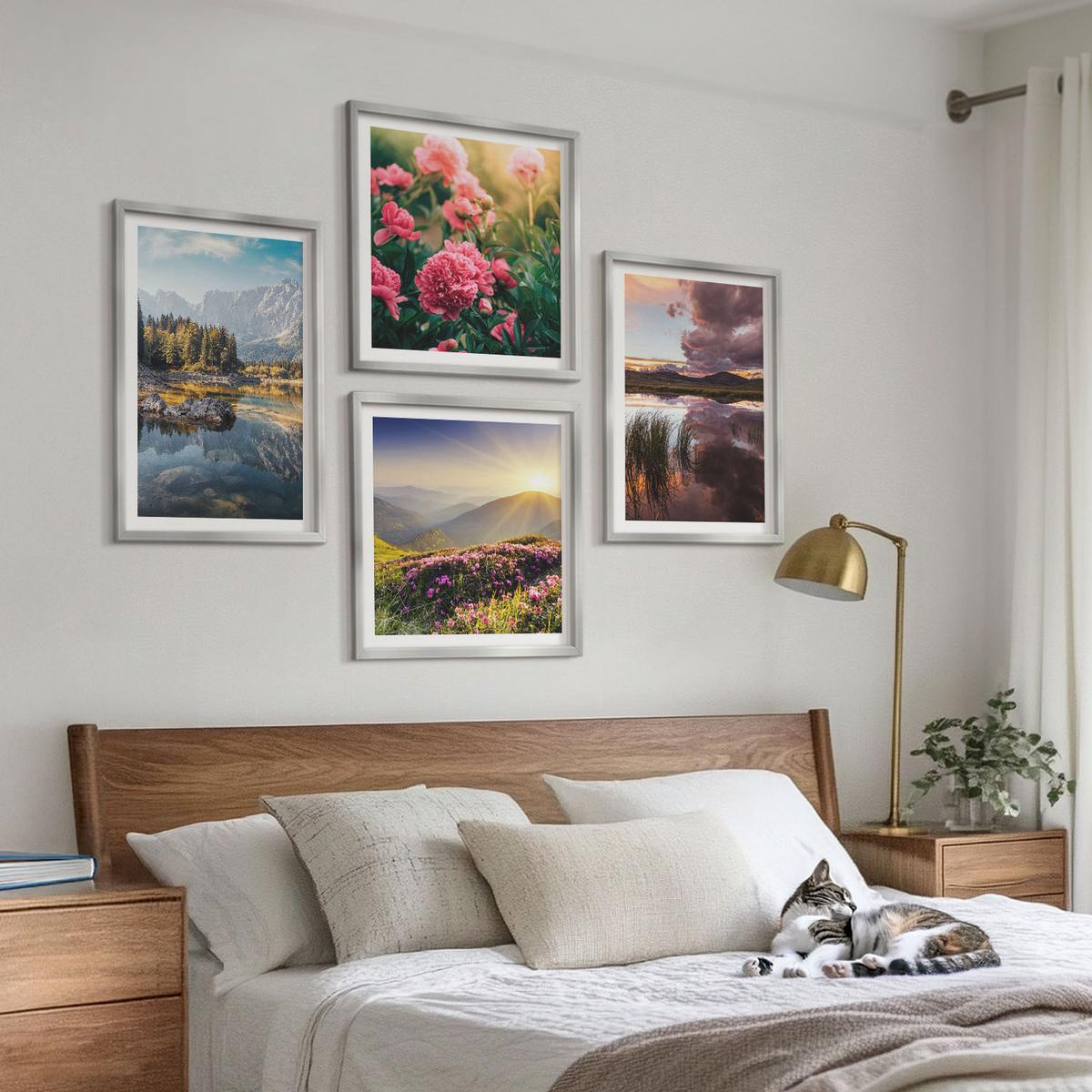 BILDER SET 4er Set - 50x50 cm & 40x60 cm Silberner Rahmen - Blumengarten, Bergwiese, Wasser - Silberfarben, Kunststoff (50/50cm) - TULUP