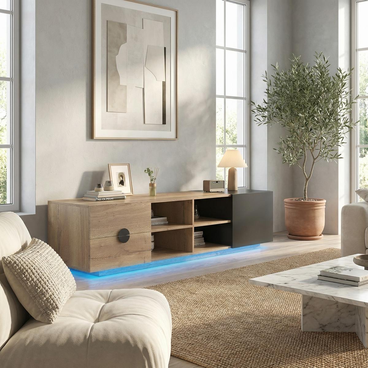 TV-SCHRANK 180 cm Holz & Schwarz mit Schublade, offenen Fächern und Schrank - Schwarz, Holzwerkstoff (180/47/38.5cm) - Urban Meuble