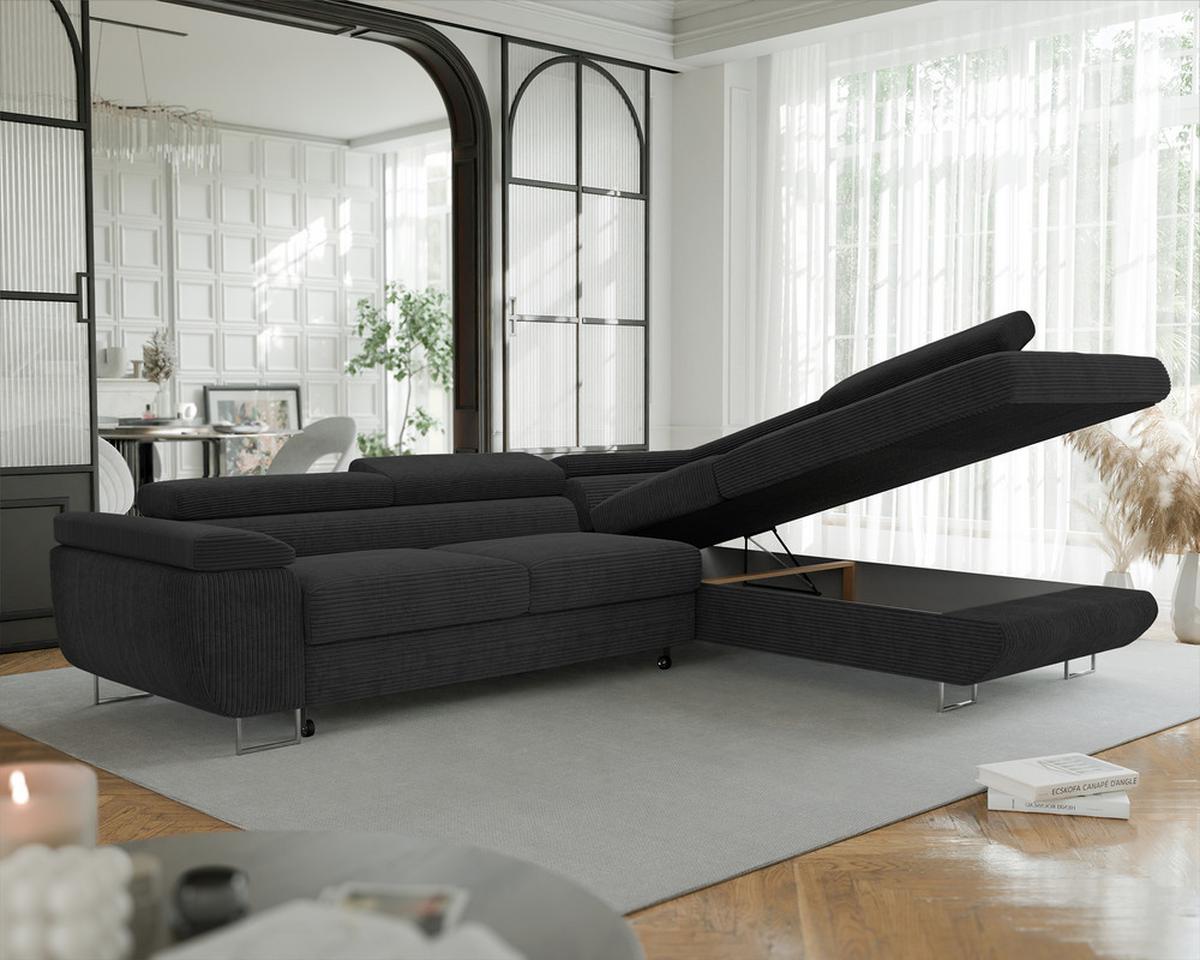 ECKSOFA ANTON rechts, mit Schlaffunktion und Bettkasten Anthrazit - Chromfarben/Anthrazit, Textil/Metall (274/203cm) - Idohome