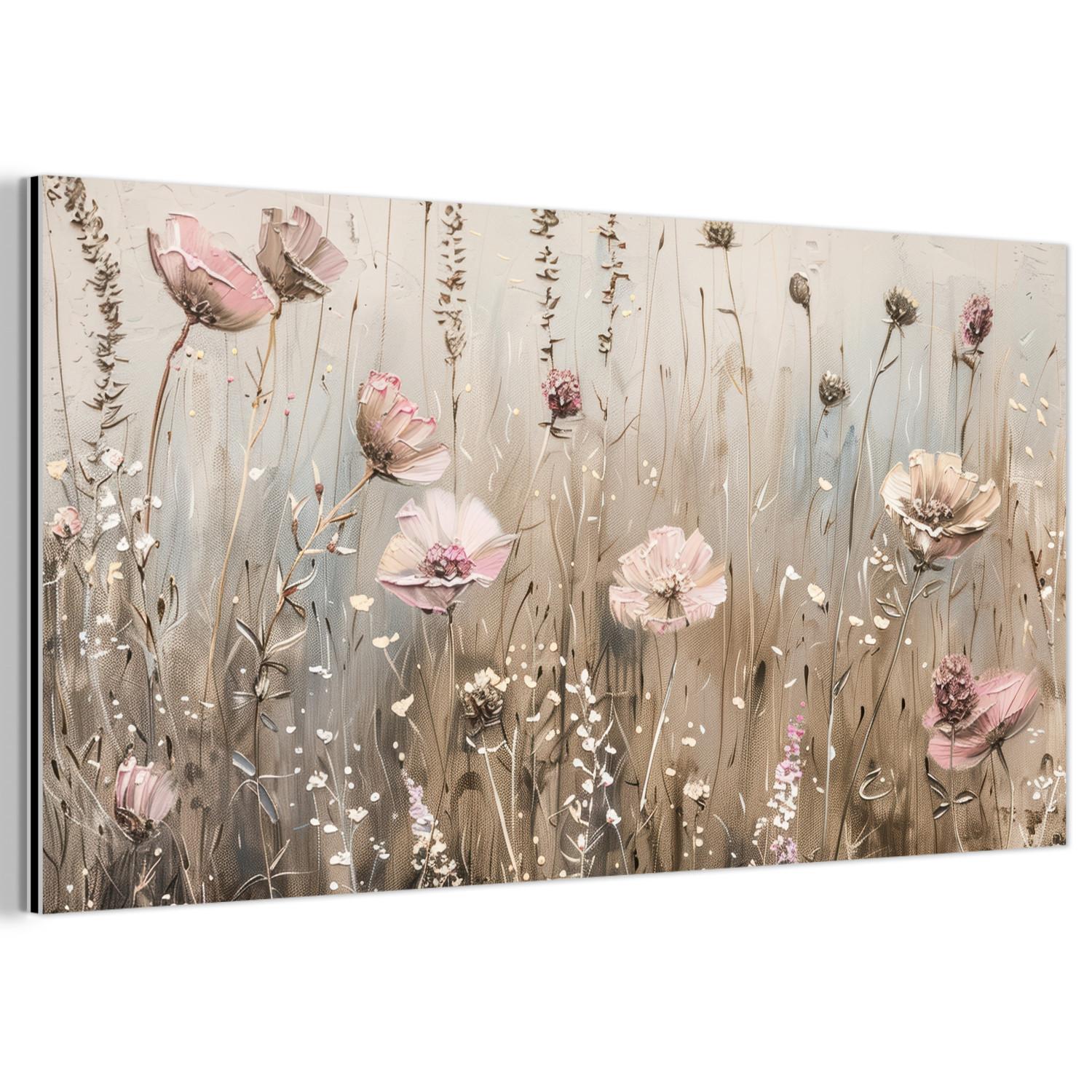 METALLBILD Blumen - Rosa - Modern - Beige 80x40 cm - Beige, Metall (80/40cm) - MuchoWow