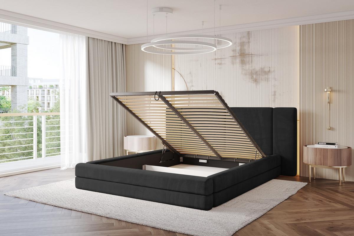 POLSTERBETT mit Bettkasten und Lattenrost, Bett mit Matratze H3/H4 - TEVO 140x200 Schwarz - Schwarz, Holzwerkstoff/Textil (140/200cm) - ALTDECOR