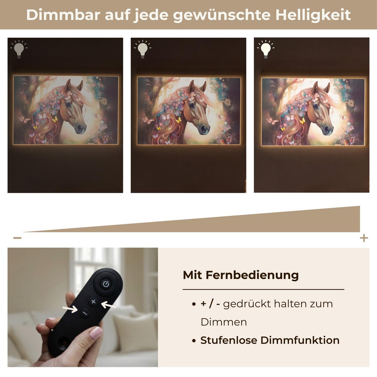 NACHTTISCHLAMPE MIT AKKU Pferd - Natur - Blumen - Schmetterlinge - Wald 90x60 cm - Dunkelbraun, Holzwerkstoff (8/90/60cm) - OnlyWow