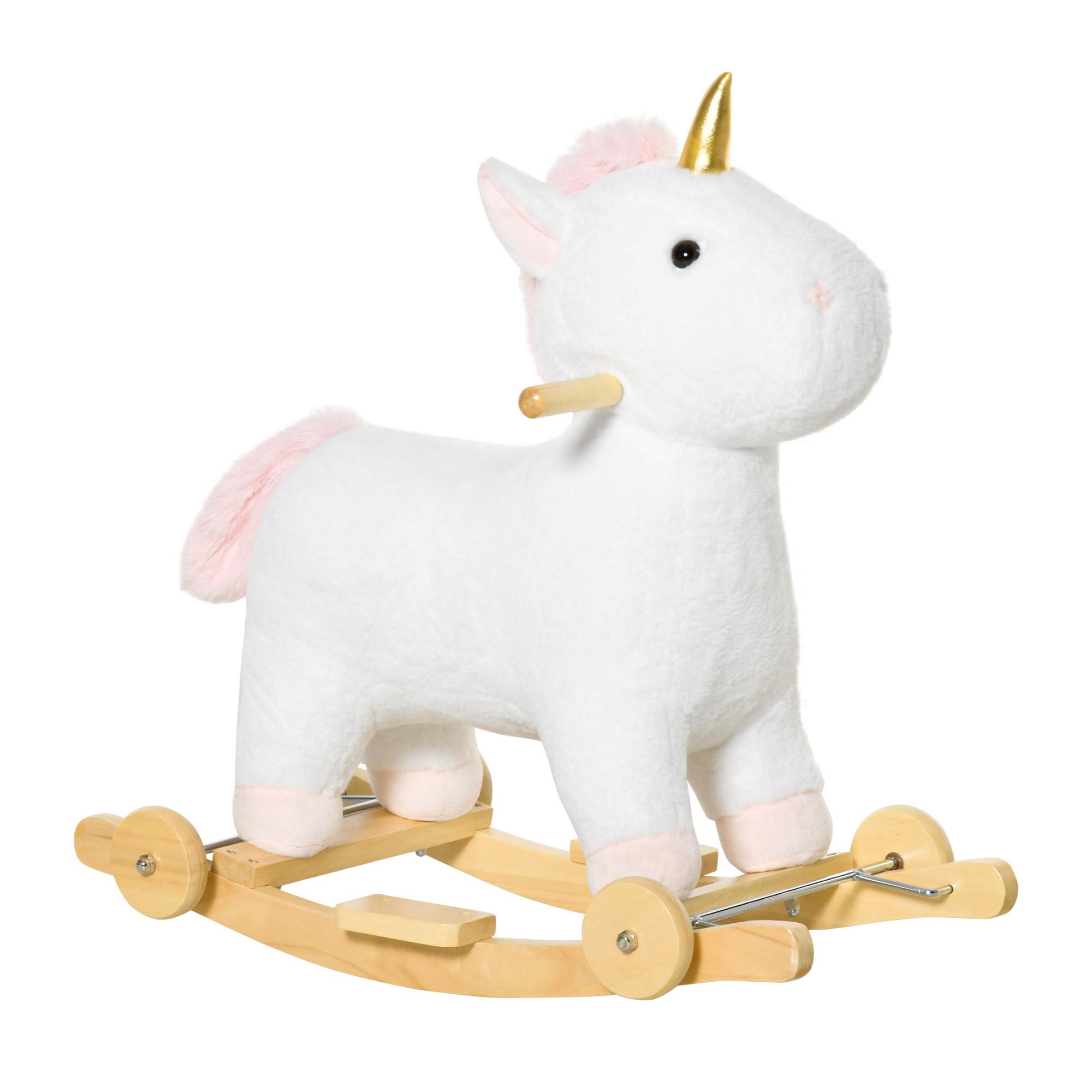 SCHAUKELPFERD 2-IN-1 Schaukeltier Babyschaukel Spielzeug Kinder Einhorn-Design - Weiß, Holz (38/63/63cm) - HOMCOM