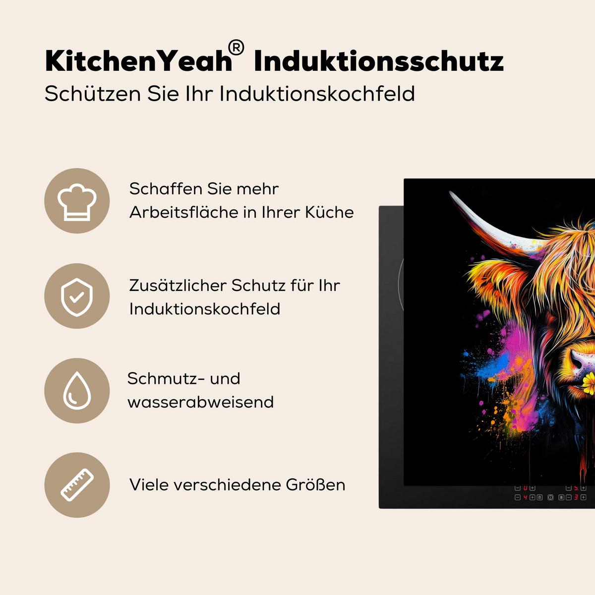 HERDABDECKPLATTE Schottischer Highlander - Graffiti - Bunt - Blume - Tiere Herdabdeckung Induktionsfeld 65x52 cm - Multicolor, Kunststoff (65/52/0.2cm) - MuchoWow