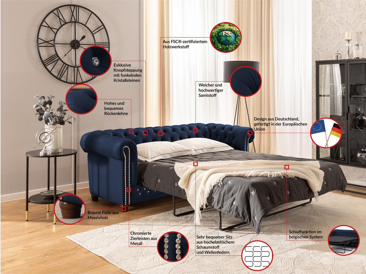CHESTERFIELD-SOFA 3-Sitzer mit Schlaffunktion Cleo Blink Marineblau Samt mit Kristallsteppung und braunen Massivholzfüßen - Blau/Braun, Holz/Textil (203/72/86cm) - S-Style