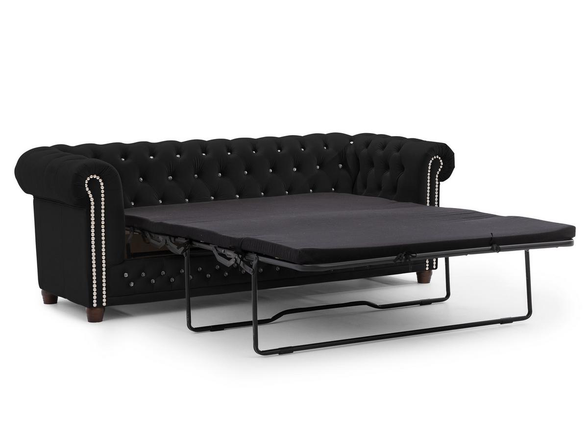 CHESTERFIELD-SOFA 3-Sitzer mit Schlaffunktion Cleo Blink Schwarz Samt mit Kristallsteppung und braunen Massivholzfüßen - Schwarz/Braun, Holz/Textil (203/72/86cm) - S-Style