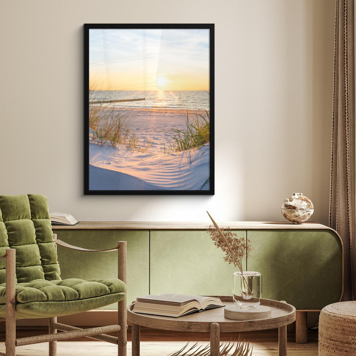POSTER MIT RAHMEN Strand - Sonne - Düne - Gras - Sand - Horizont Posterleiste 60x80 cm - Hellblau, Papier (60/80cm) - MuchoWow