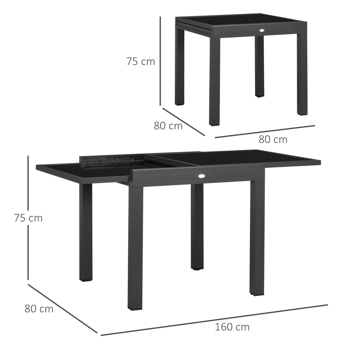 GARTENTISCH, Klappbarer Tischplatte, Balkontisch Terrassentisch, Alu, Glas, Schwarz - Schwarz, Metall (160/80/75cm) - Outsunny