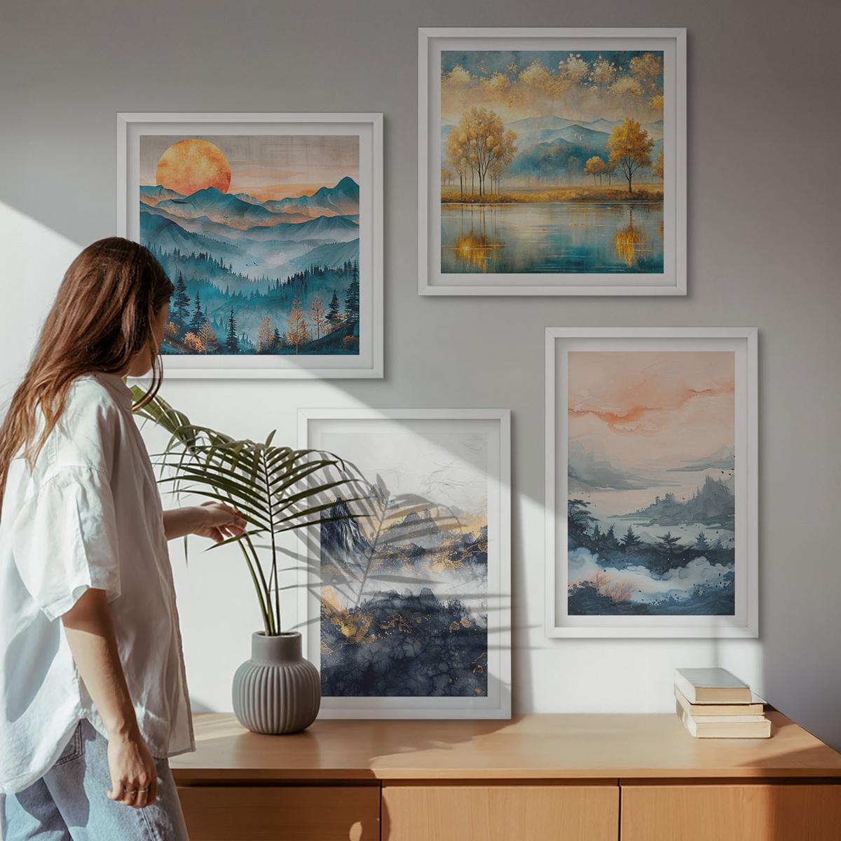 BILDER SET 4er Set - 50x50 cm & 40x60 cm Weißer Rahmen - Gemalte Abstraktionen der Natur - Weiß, Kunststoff (50/50cm) - TULUP