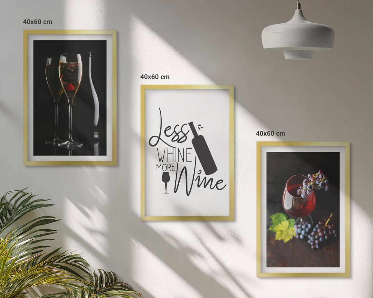 BILDER SET 3er Set - 40x60 cm Goldrahmen - Weingläser mit Trauben und Inschrift - Goldfarben, Kunststoff (40/60cm) - TULUP