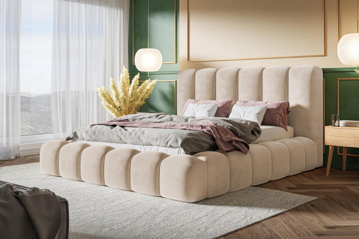 BETT 120x200 - Polsterbett mit Bettkasten und Holzrahmen - Modern Bett - Eleganter Amor-Velvet-Stoff - Kollektion Nora Maxi - Beige - Beige, Holz/Textil (120/200cm) - Alpi-Möbel