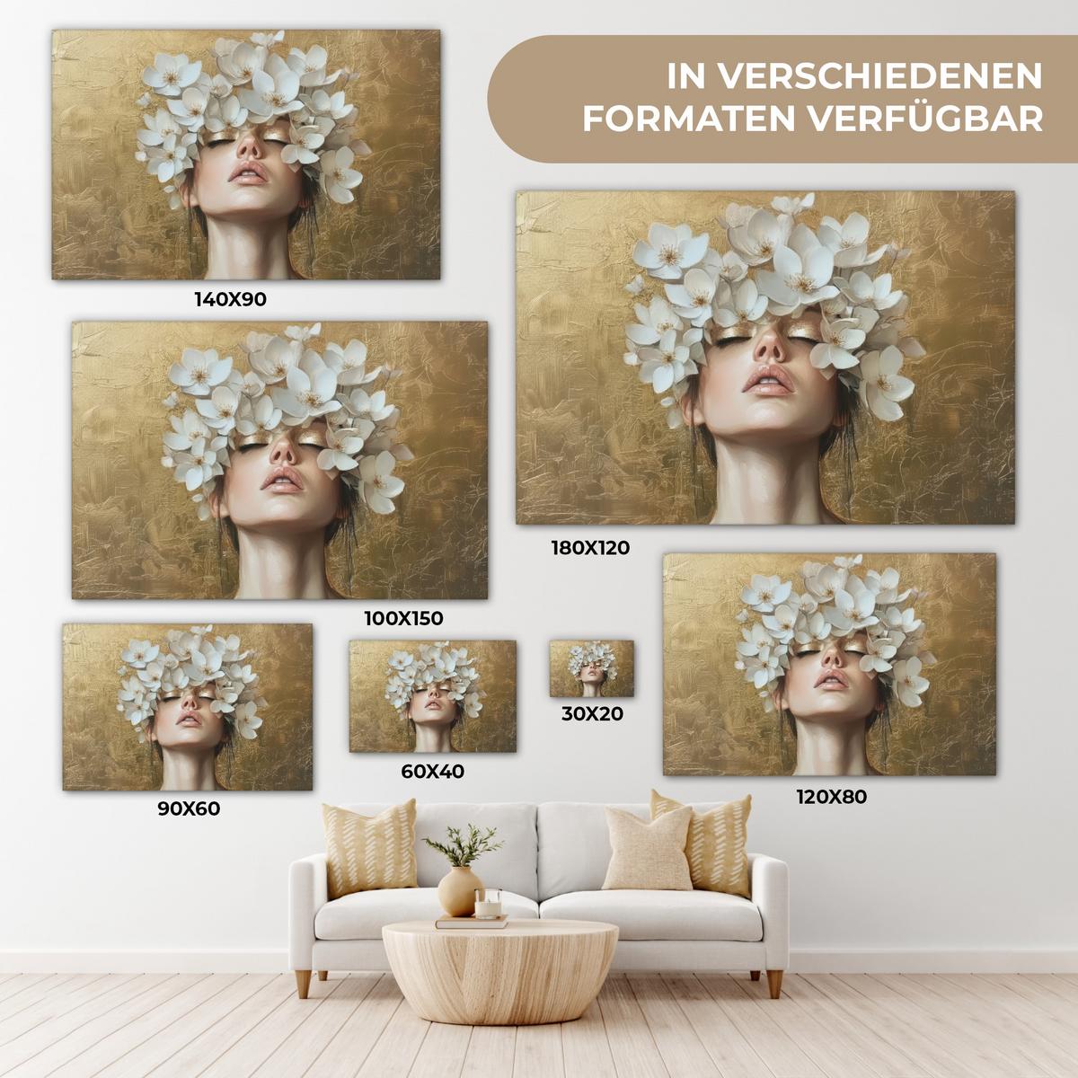 LEINWANDBILD Gesicht - Blumen - Gold - Abstrakt Gemälde 60x40 cm - Goldfarben, Textil (60/40cm) - MuchoWow